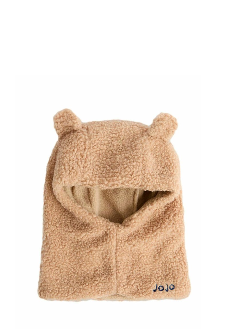 Bežová sherpa fleece šála s kapucňou a ušami medvedíka, s modrou vyšitou značkou "JoJo" v pravom dolnom rohu.