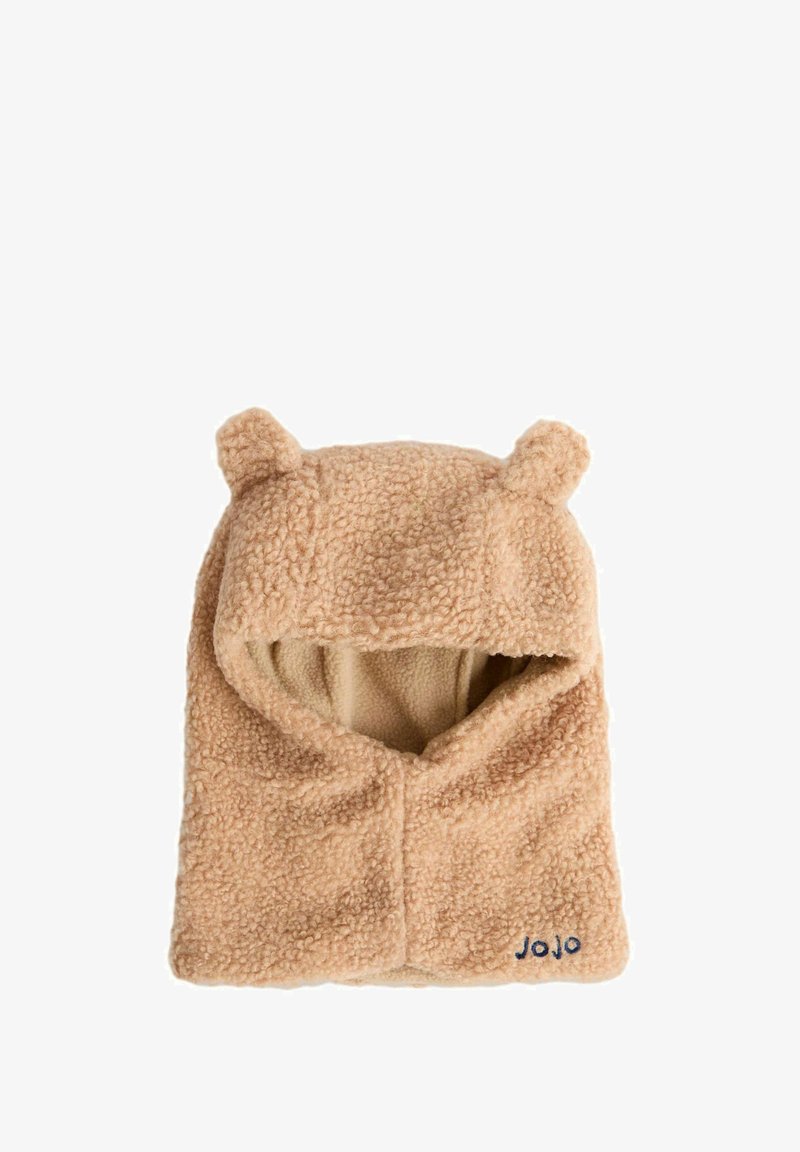 Bežová sherpa fleece šála s kapucňou a ušami medvedíka, s modrou vyšitou značkou "JoJo" v pravom dolnom rohu.