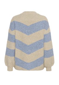 Beige és világoskék gyapjúpulóver, hátul chevron csíkokkal és puffos, hosszú ujjakkal, bordázott mandzsettákkal.