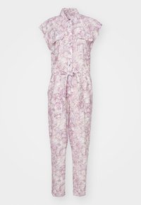 Combinaison sans manches à motif marbré rose et blanc avec boutons sur le devant, poches poitrine, col et ceinture à nouer à la taille.