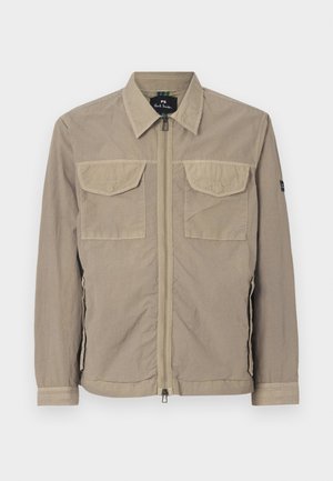 Beige, letvægtsjakke med to brystlommer, lynlåslukning foran og krave. Struktureret stof med elastiske manchetter.