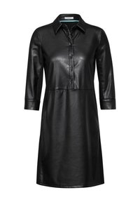 Schwarzes Lederkleid mit Kragen, knöpfbarem Vorderteil, drei Viertelärmeln und einer glatten Oberfläche. Verfügt über Seitennähte und eine lockere Passform.