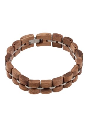 Brățară formată din verigi dreptunghiulare din lemn legate printr-o bandă metalică cu o închizătoare metalică, prezentată pe un fundal alb.