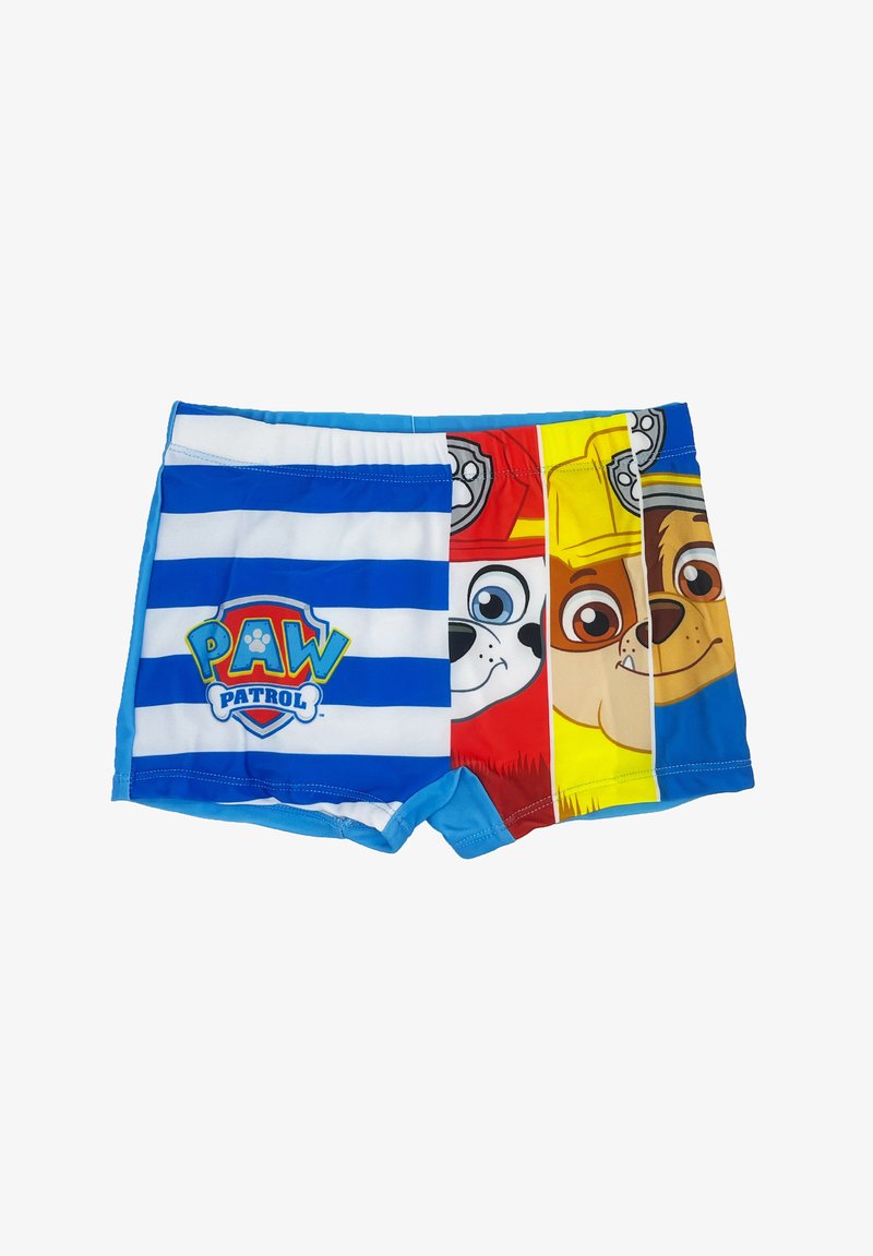Blue and white striped swim shorts featuring Paw Patrol characters; elastic waistband; smooth fabric; printed graphics of dogs.