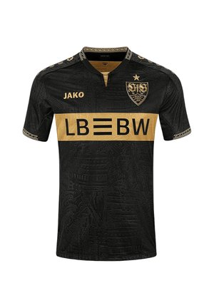Schwarzes Fußballtrikot mit goldenem Band, darauf das "LBBW"-Logo, Mannschaftswappen mit Stern und dem Markennamen JAKO auf Brust und Ärmeln.