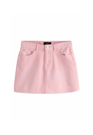 Pinkfarbener Jeans-Minirock mit Frontknöpfen, Gürtelschlaufen, zwei Vordertaschen und einer kleinen Münztasche, mit der Aufschrift „NEXT“ am inneren Taillenbund.