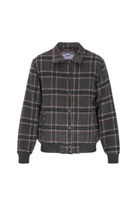 Grå rutigt jacka i ull med knäppning fram, krage, elastiska ärmslut och nederkant. Har röda och svarta detaljer i mönstret.