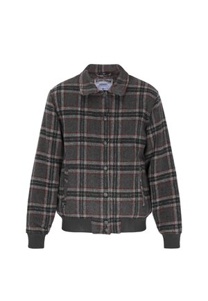 Szary kurtka w kratkę z wełny z zapięciem na guziki, kołnierzowym dekoltem, elastycznymi mankietami i dołem. Wzór z czerwonymi i czarnymi akcentami.