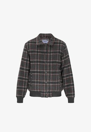 Veste en plaid gris en laine avec un devant boutonné, un col, des poignets élastiques et un ourlet. Présente des accents rouges et noirs dans le motif.