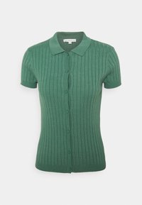 Grön randig kortärmad cardigan med krage och fem knappar framtill, visad mot en vit bakgrund.