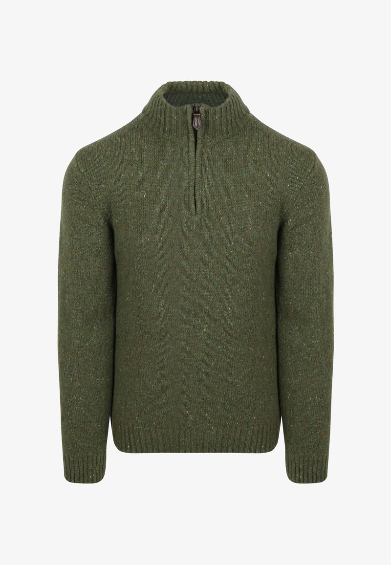 Dunkelgrüner Strickpullover mit geripptem Kragen, halbem Reißverschluss und dezentem strukturiertem Muster durchgehend. Lange Ärmel und taillierte Passform.