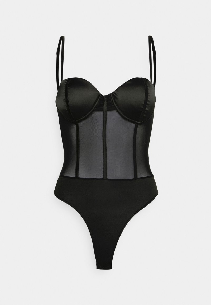 Body noir transparent avec bonnets à armatures, bretelles fines réglables et découpes de jambe haute sur un fond clair uni.