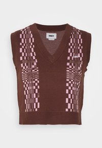Brown knitted sleeveless top featuring a V-neck, pink geometric patterns, and the brand "OBEY" embroidered near the neckline.