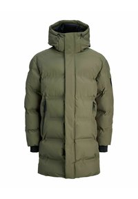 Lång, olivgrön vadderad vinterjacka med huva, frontdragkedja täckt av en klaff och sidofickor med dragkedja.