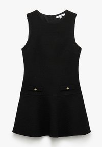 Vestido negro sin mangas con una tela texturizada, falda acampanada y dos bolsillos frontales adornados con botones dorados. Cierre de cremallera en la parte trasera.