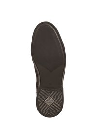 Semelle de chaussure en caoutchouc noir avec une adhérence texturée, présentant un motif en losange et une marque. Taille 42, avec un bord lisse et un design à bout arrondi.
