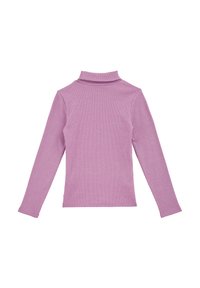 Cămașă roz cu guler înalt, cu mâneci lungi. Are o siluetă ajustată și un guler mic cu pliuri, realizată din material moale și elastic.