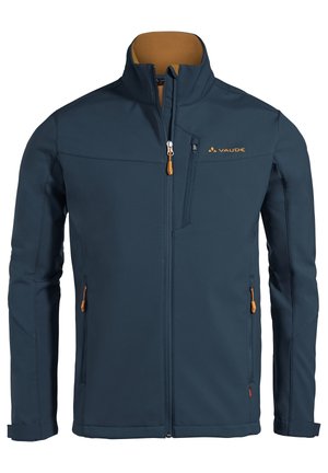 Herre-Vaude softshelljakke i mørkeblå med høj krave, orange detaljer, flere lynlåslommer og en glat, tekstureret overflade.