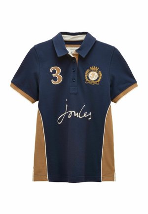 Marineblaues und braunes kurzärmeliges Polohemd mit Kragen, Knöpfen, der Nummer 3 auf der Brust sowie Joules-Logo-Stickerei und Schriftzug.