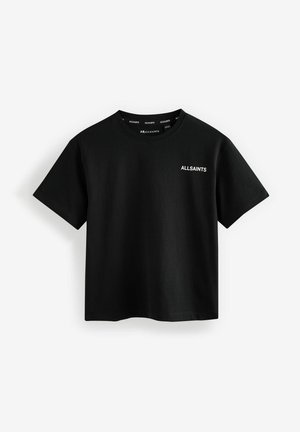 Juodas medvilninis marškinėliai su trumpomis rankovėmis, apvaliu iškirpimu, su balta "ALLSAINTS" logotipo uždėtu ant kairiojo krūtinės pusės, lygiu tekstūru ir laisvu kirpimu.