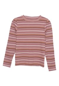 Langärmliges Oberteil in Pink und Creme mit horizontalen Streifen in verschiedenen Brauntönen. Hergestellt aus geripptem Stoff mit Rundhalsausschnitt.