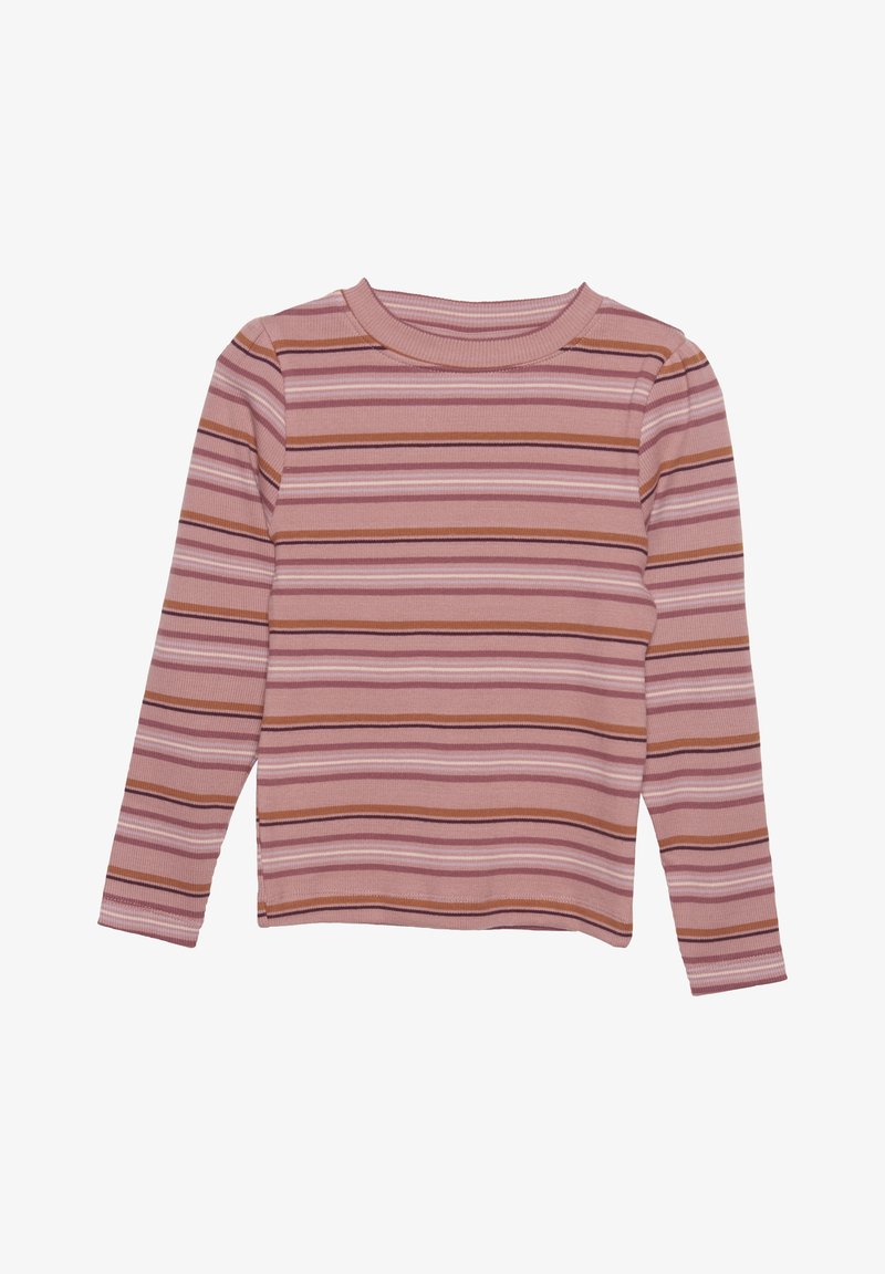 Langärmliges Oberteil in Pink und Creme mit horizontalen Streifen in verschiedenen Brauntönen. Hergestellt aus geripptem Stoff mit Rundhalsausschnitt.