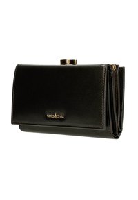 Černé kožené psaníčko s pevnou strukturou, zlatým kováním a logem. Má zapínání na přezku a skládá se pro další členění vnitřního prostoru.