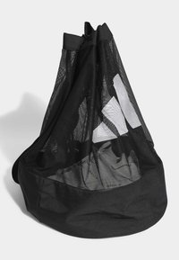 Zwarte mesh tas met een ronde bodem en een getrokken opening. Gemaakt van ademend materiaal, met een gladde stofafwerking bij de opening.