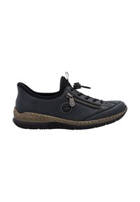 Sneaker en cuir noir avec surface texturée, semelle en caoutchouc brun, fermeture à lacets et détail de fermeture éclair sur le côté. Design à bout rond.