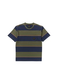 Short-sleeve t-shirt with wide horizontal navy and olive green stripes, thin orange lines, crew neck, and a small chest pocket with a label.