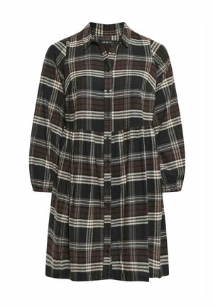 Knap-ned kjole i sort og burgunder plaid mønster. Lavet af blødt stof med krave og lange ærmer, har elastisk talje.