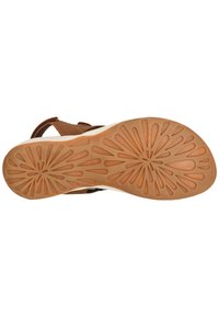 Sandalette mit gemusterter Gummisohle in blumenähnlichem Design, braunen Riemen und weißer Zwischensohle, von unten betrachtet.