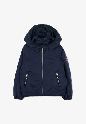 Giacca con cappuccio blu navy con cerniera frontale, due tasche con cerniera, polsini elasticizzati e patch con logo rotondo sulla manica sinistra.