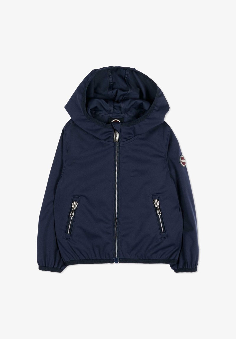 Giacca con cappuccio blu navy con cerniera frontale, due tasche con cerniera, polsini elasticizzati e patch con logo rotondo sulla manica sinistra.