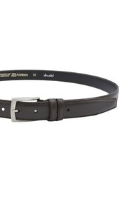 Brown leather belt with a smooth finish, silver metal buckle, stitched accents, and five adjustable holes for sizing.