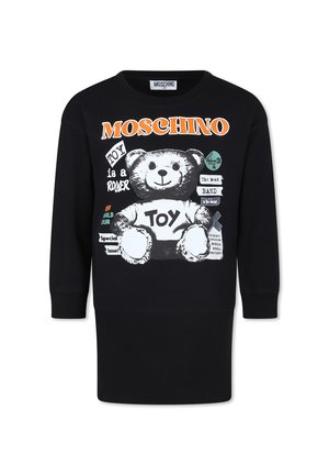 Felpa nera con grafica di un orso e testo, dotata di polsini a costine e scollatura rotonda. Il design include accenti stampati colorati.