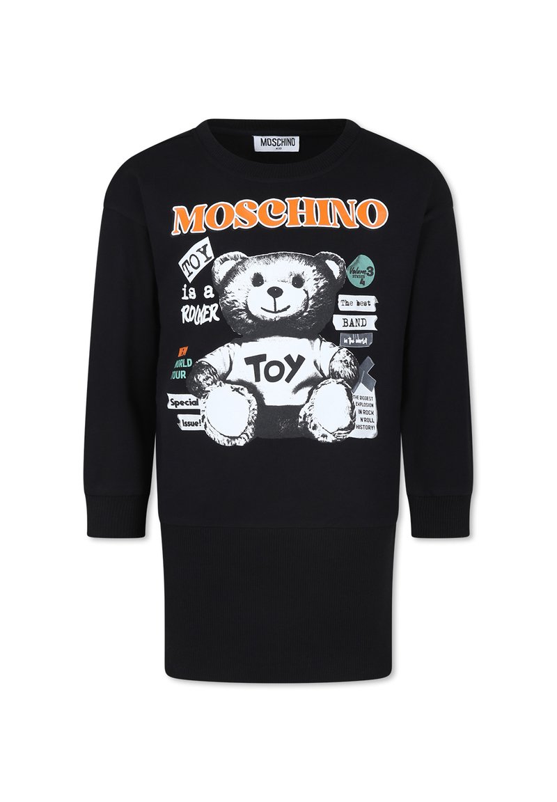 Felpa nera con grafica di un orso e testo, dotata di polsini a costine e scollatura rotonda. Il design include accenti stampati colorati.