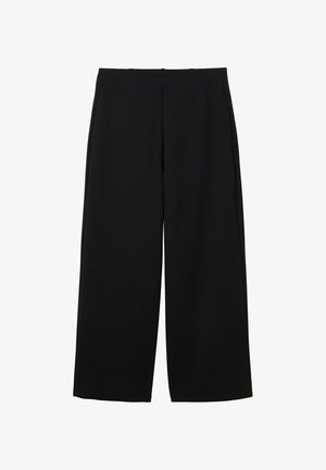 Pantalons larges noirs en tissu texturé avec une taille haute, présentant des plis avant et un design épuré. Pas de poches ni de matériel visible.