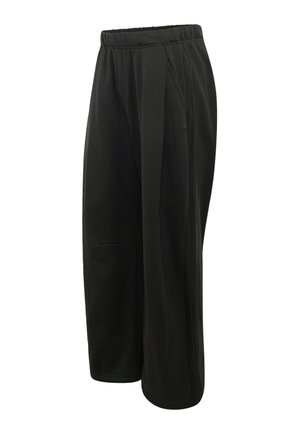 Pantalon noir à coupe large avec taille élastique et bandes latérales, coupe ample et style décontracté.
