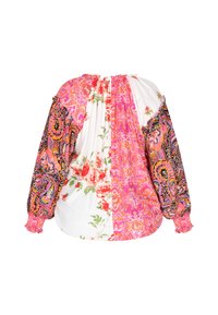 Blusa multicolore caratterizzata da motivi floreali e paisley, maniche a sbuffo, polsini elasticizzati e un design sul retro arricciato con un aspetto testurizzato.