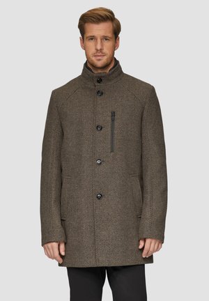 Bruine houndstooth wollen jas met hoge kraag, frontsluiting met knopen en zijzakken. Heeft een ritssluitingzak op de borst.