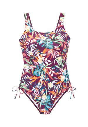 Einteiliger Badeanzug mit violettem Grundton, mehrfarbigem tropischem Blumenmuster, breiten Trägern und verstellbaren seitlichen Bändern.