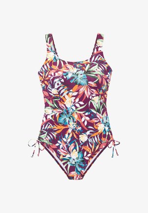 Einteiliger Badeanzug mit violettem Grundton, mehrfarbigem tropischem Blumenmuster, breiten Trägern und verstellbaren seitlichen Bändern.