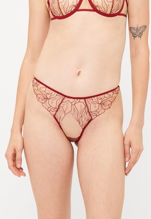 Transparante nude lingerieset met bordeauxrode bloemenborduursels. De bh heeft beugels en de slip heeft lichte gaasdetails met een zachte tailleband.