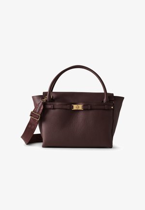 Burgunderfarbene Lederhandtasche mit glatter Textur, zwei oberen Griffen, abnehmbaren Riemen, goldfarbener Hardware und einem sicheren Verschluss vorne.