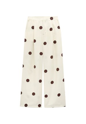 Białe spodnie o szerokich nogawkach w brązowo-czerwony wzór z kółkami, z przodu zakładki i bocznymi kieszeniami.