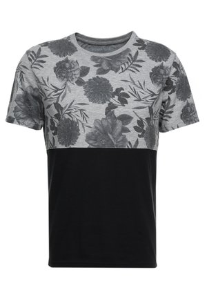 Tričko s krátkým rukávem s šedým květinovým vzorem na horní polovině a jednobarevnou černou spodní polovinou; bavlněný materiál, kulatý výstřih.