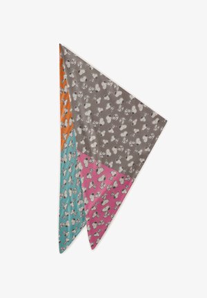 Multicolore sjaal met Snoopy-patronen op oranje, grijze, teal en roze secties. Driehoekige vorm, gladde stoftextuur.