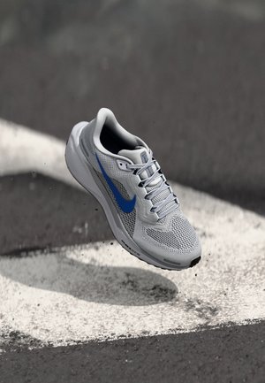Chaussure de course Nike gris clair avec logo swoosh bleu, lacets attachés, flottant au-dessus d'un bitume texturé avec des marquages blancs peints.