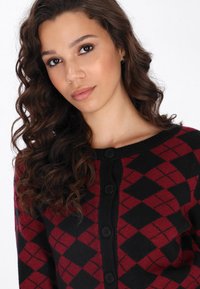 Sarkans un melns argyle motīva kardigāns ar garām piedurknēm, apaļu apkakli un melniem pogām priekšpusē. Gluda adījuma tekstūra.